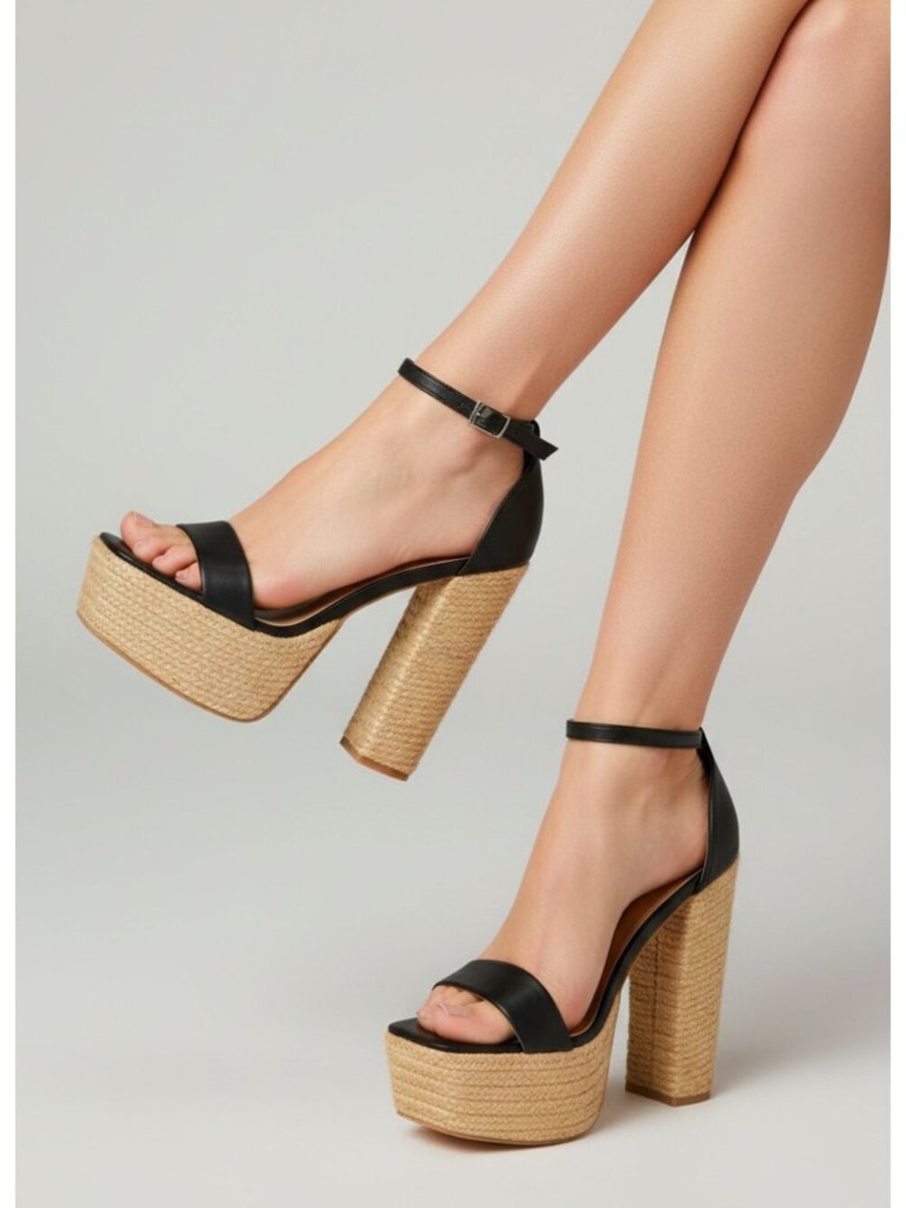 Black Ankle Strap Platform Sandals With Braided Block Heel Design Womens Size